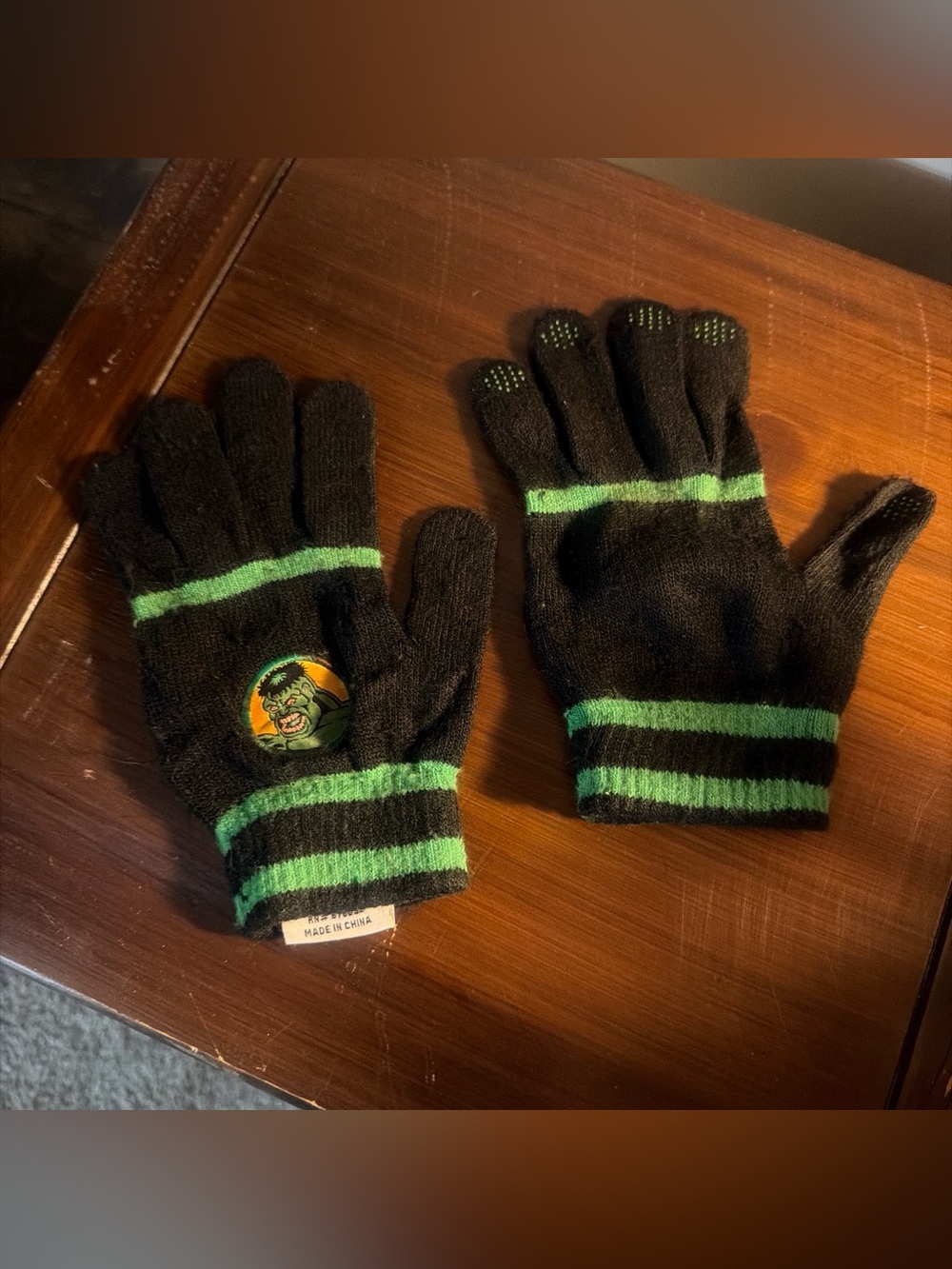 Kids Black Gloves with Green Stripes and Superhero Patch